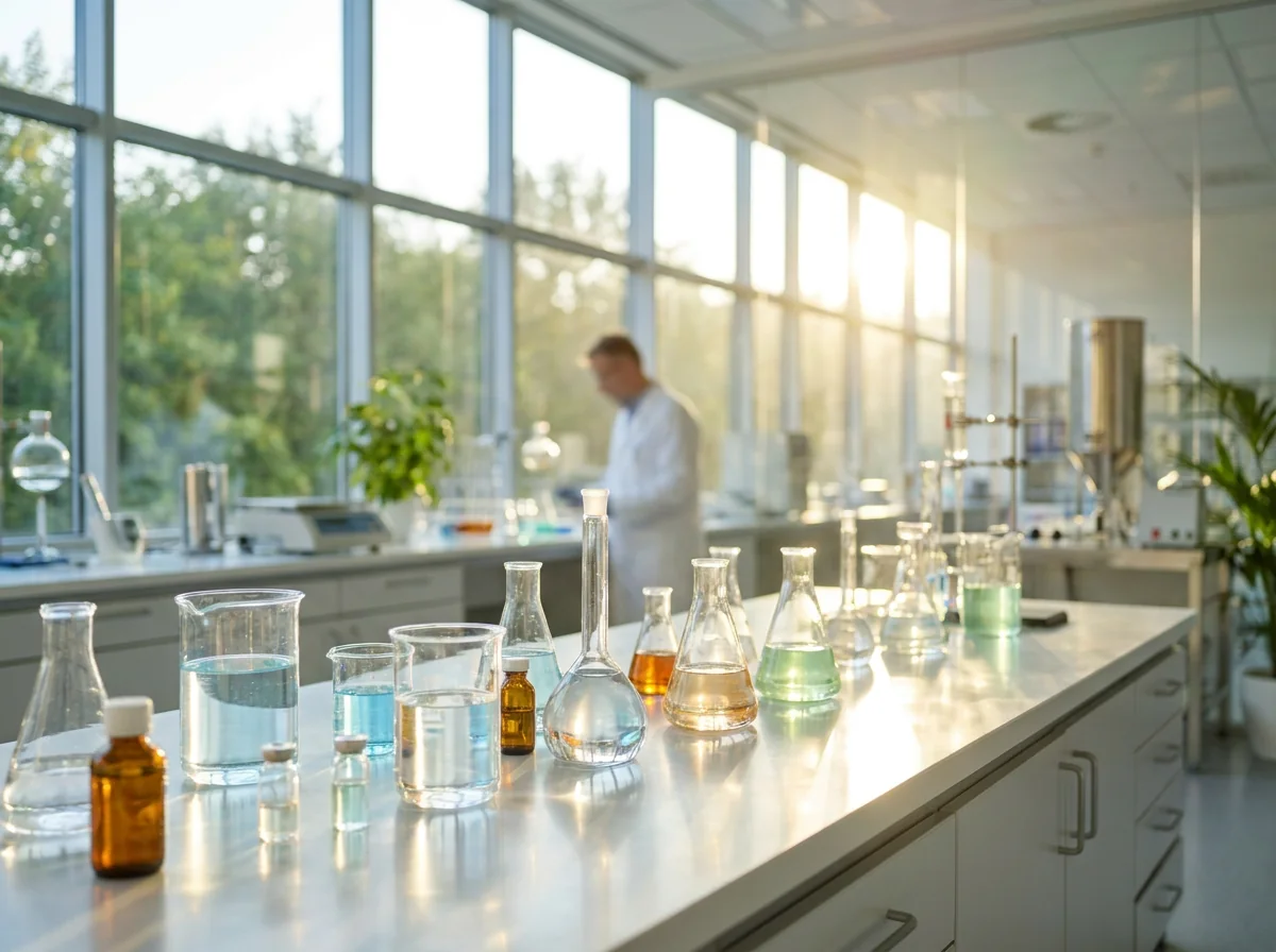 Pharmaceutical laboratory glassware in soft light