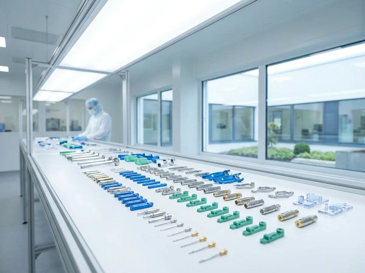 Precision medical components in orderly rows